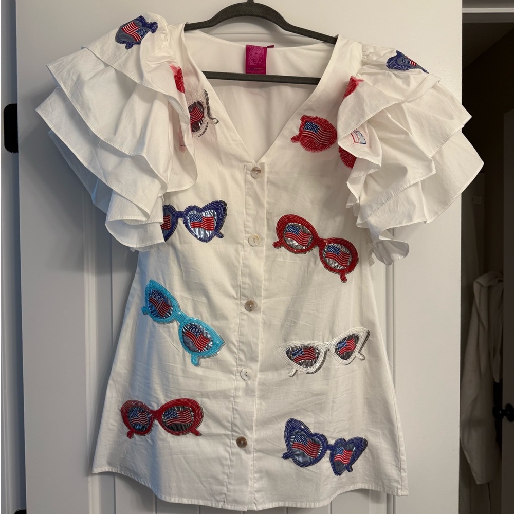 Queen of Sparkles - American Flag Sunglasses Ruffled Sleeved Dress